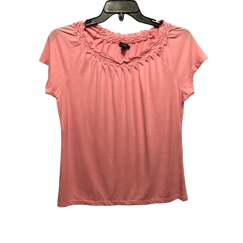 Talbots Size Large Woven Neckline Knit Top Pink Cap Sleeve Dainty Stretch